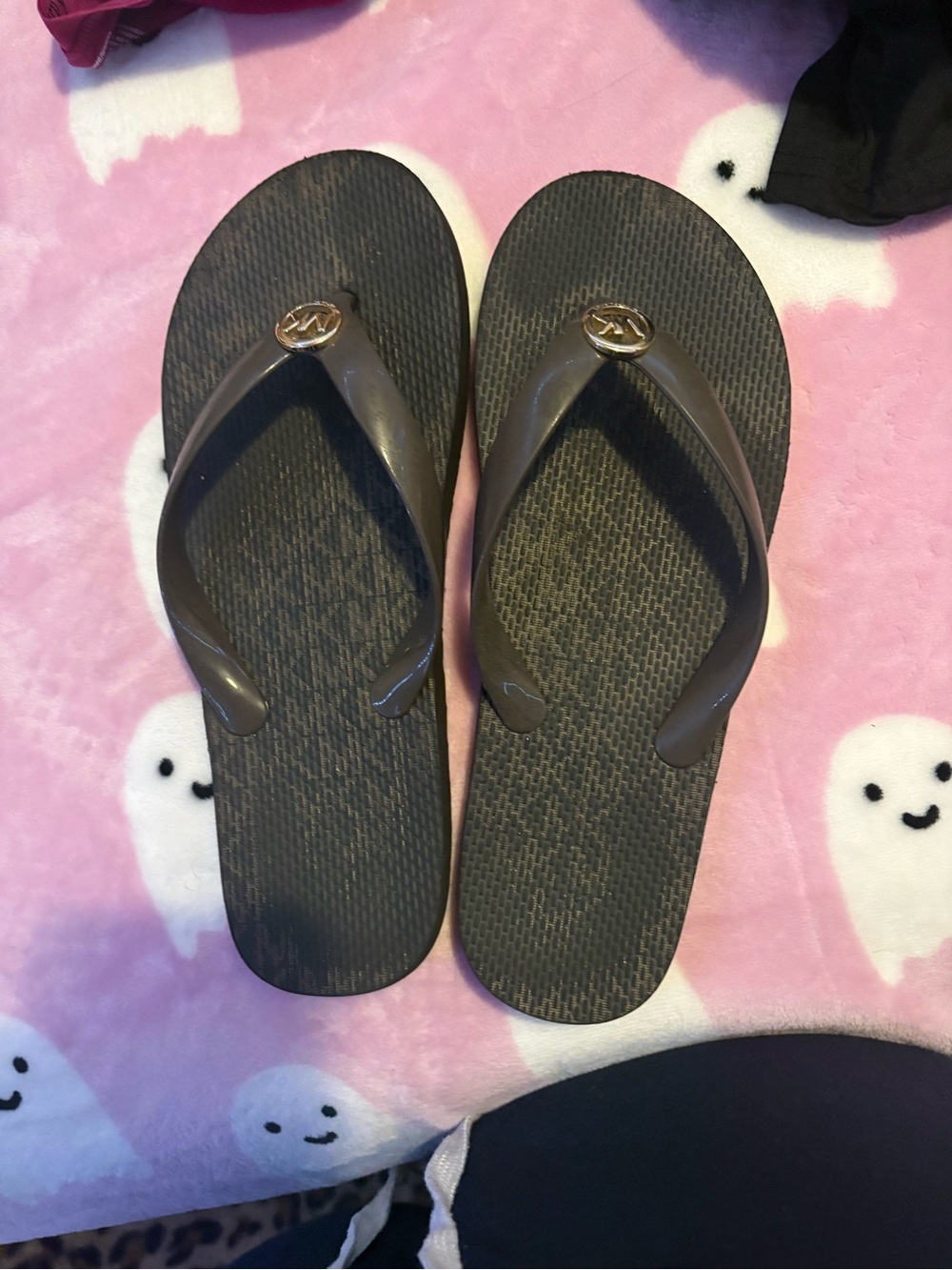 Michael Kors Brown Logo Flip Flop Sandals with Gold MK Accent
